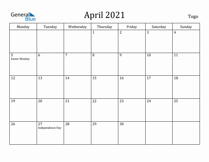 April 2021 Calendar Togo
