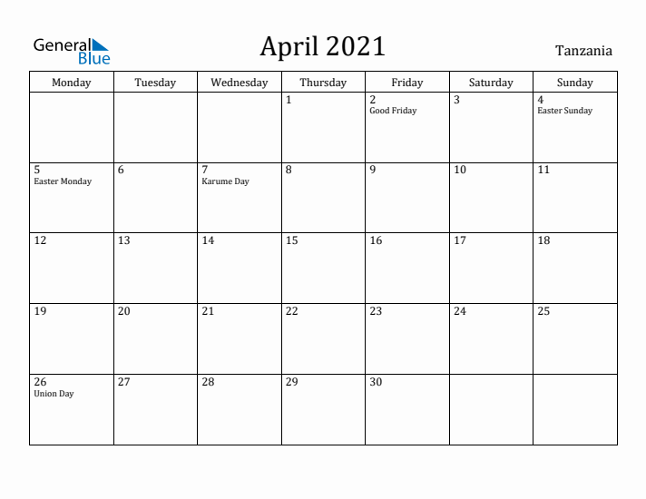 April 2021 Calendar Tanzania