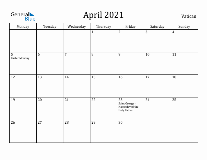 April 2021 Calendar Vatican