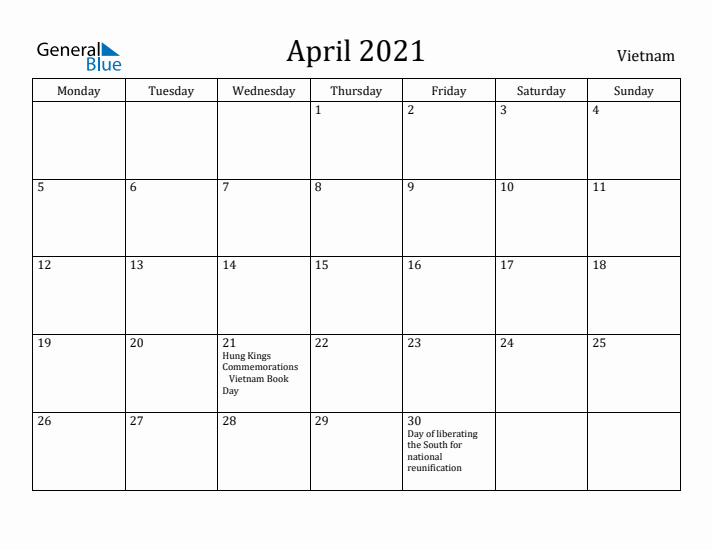 April 2021 Calendar Vietnam