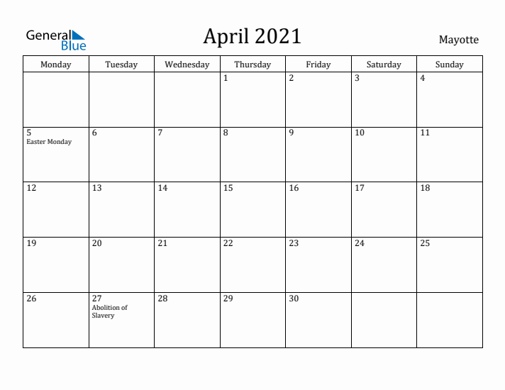 April 2021 Calendar Mayotte