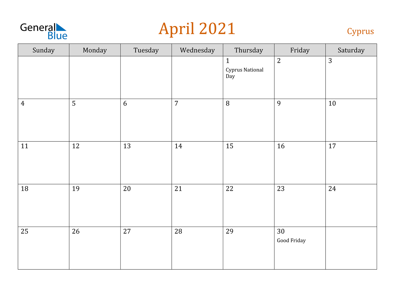 April 2021 Calendar - Cyprus