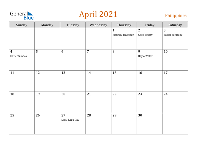 April 2021 Holiday Calendar