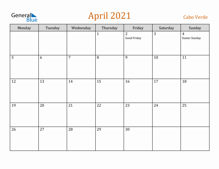 April 2021 Holiday Calendar with Monday Start