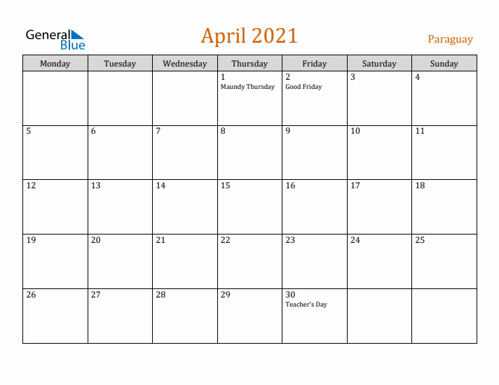 April 2021 Holiday Calendar with Monday Start