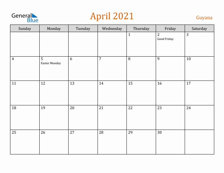 April 2021 Holiday Calendar with Sunday Start