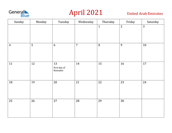 United Arab Emirates April 2021 Calendar With Holidays