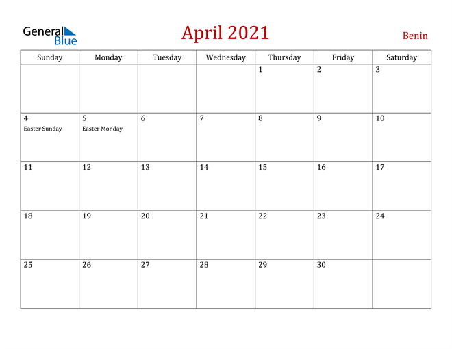 Benin April 2021 Calendar