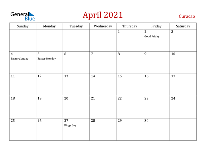 Curacao April 2021 Calendar