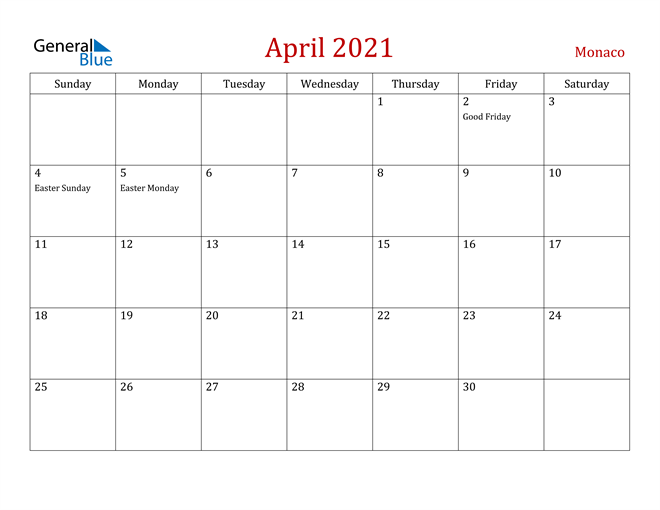 Monaco April 2021 Calendar