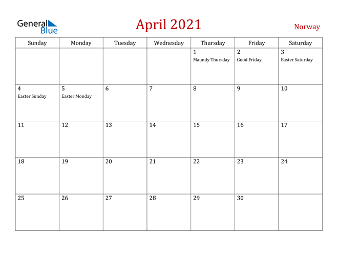 Norway April 2021 Calendar