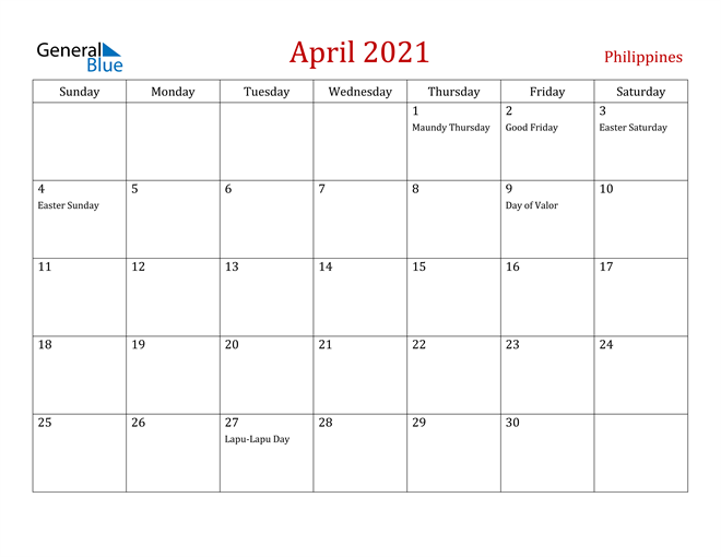 Philippines April 2021 Calendar