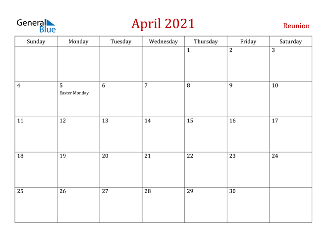 Reunion April 2021 Calendar