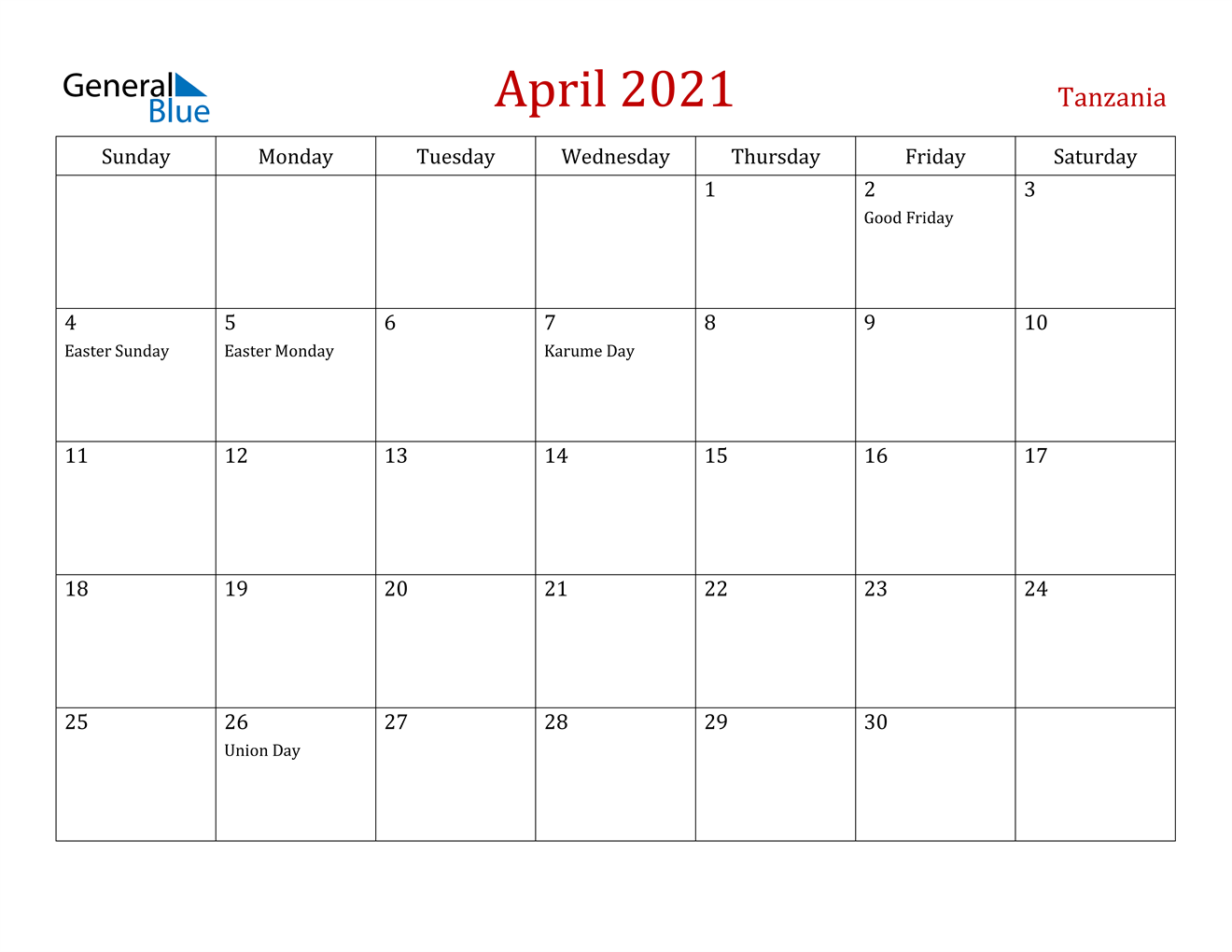 April 2021 Calendar - Tanzania