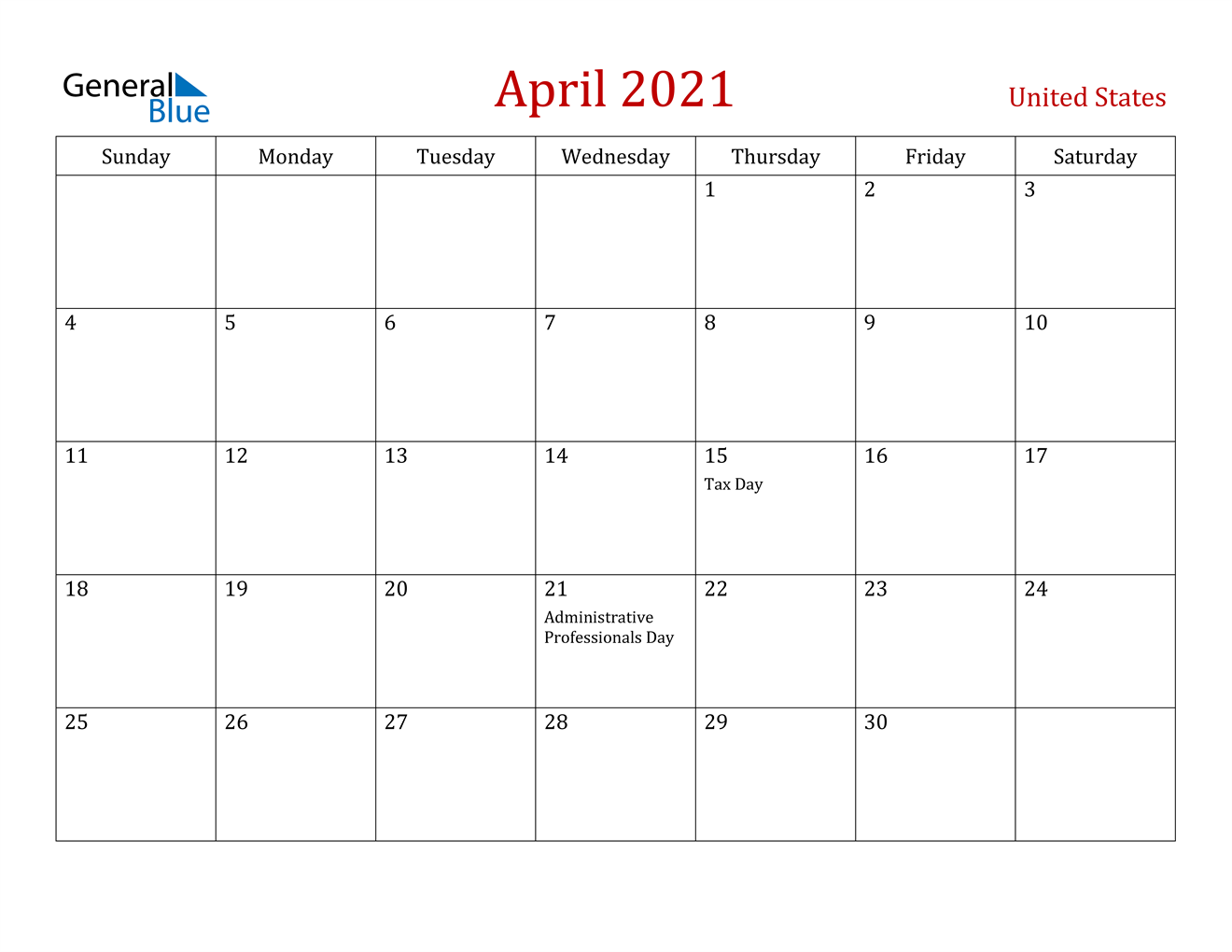 April 2021 Calendar - United States