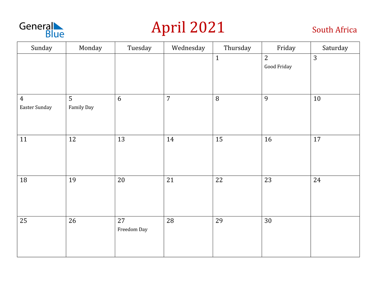 April 2021 Calendar - South Africa