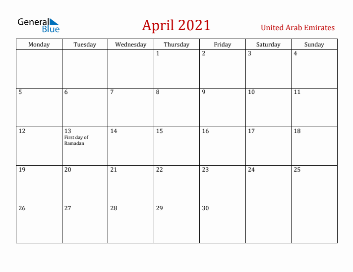 United Arab Emirates April 2021 Calendar - Monday Start