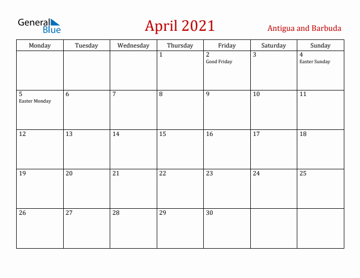 Antigua and Barbuda April 2021 Calendar - Monday Start