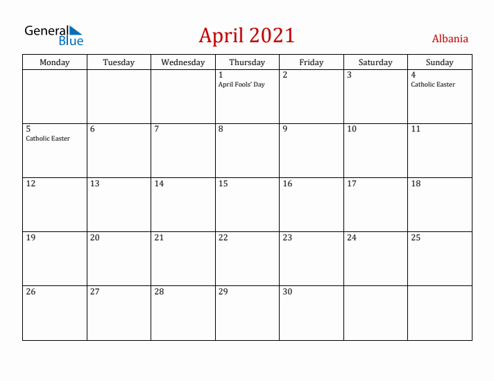 Albania April 2021 Calendar - Monday Start
