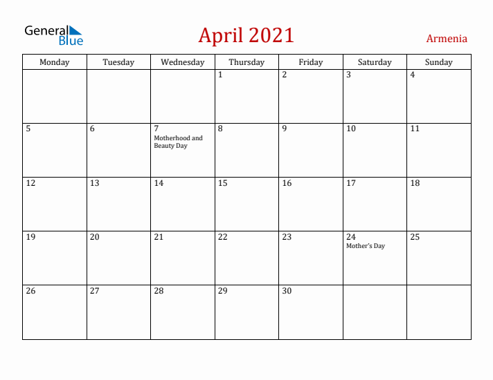Armenia April 2021 Calendar - Monday Start