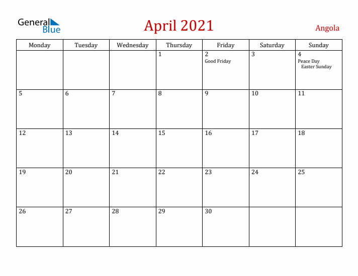 Angola April 2021 Calendar - Monday Start