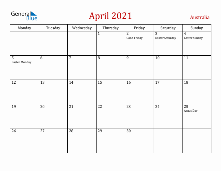 Australia April 2021 Calendar - Monday Start