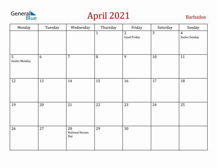 Barbados April 2021 Calendar - Monday Start