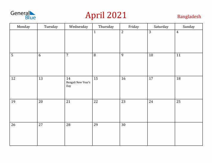 Bangladesh April 2021 Calendar - Monday Start