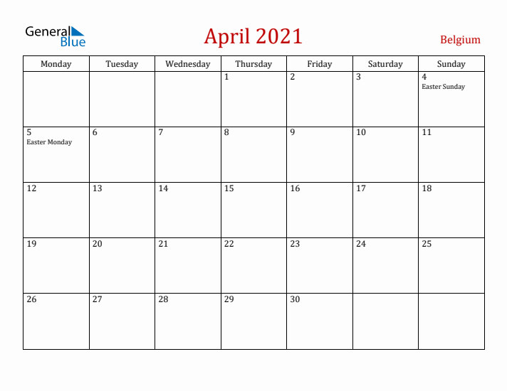 Belgium April 2021 Calendar - Monday Start