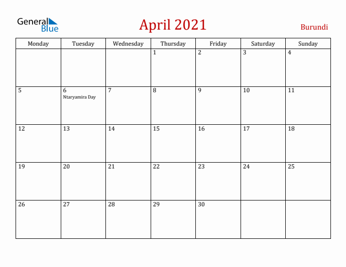 Burundi April 2021 Calendar - Monday Start
