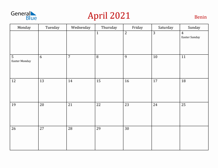 Benin April 2021 Calendar - Monday Start