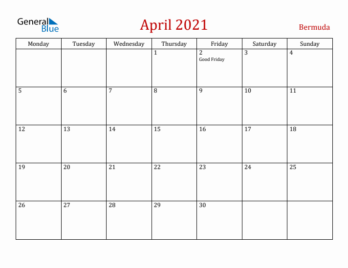 Bermuda April 2021 Calendar - Monday Start