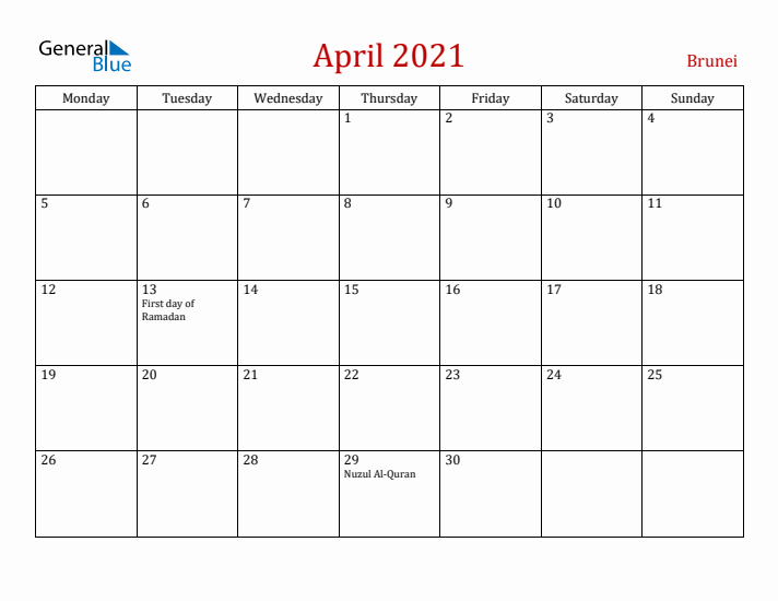 Brunei April 2021 Calendar - Monday Start