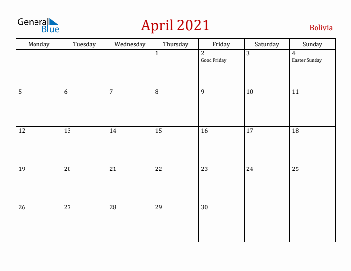 Bolivia April 2021 Calendar - Monday Start