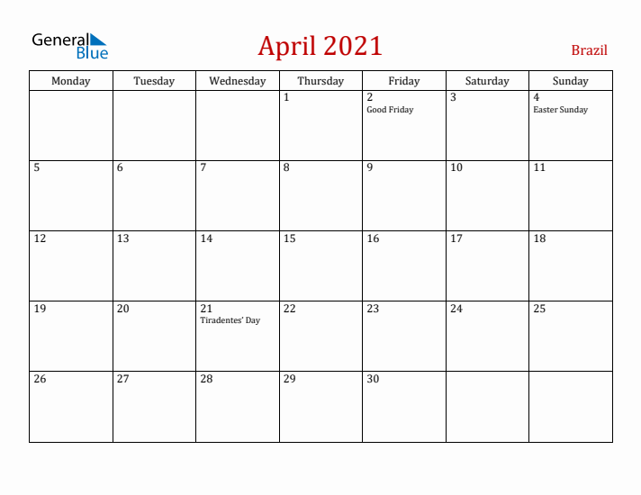 Brazil April 2021 Calendar - Monday Start