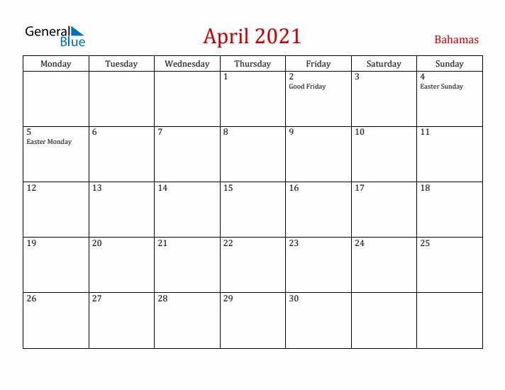 Bahamas April 2021 Calendar - Monday Start