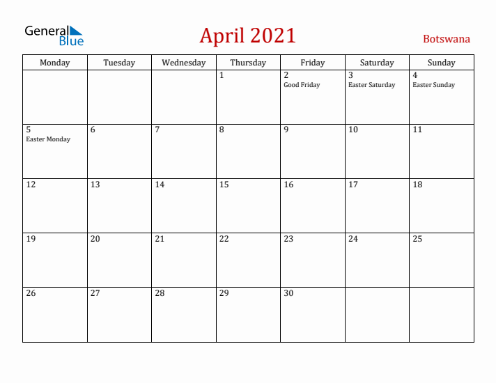 Botswana April 2021 Calendar - Monday Start