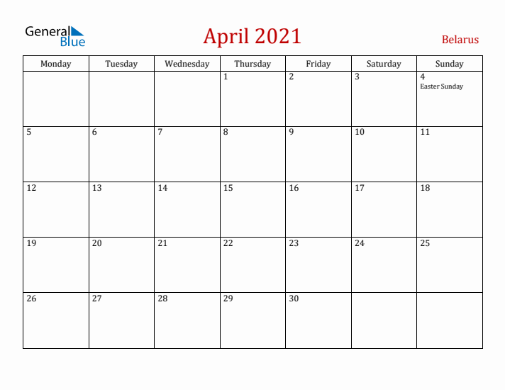 Belarus April 2021 Calendar - Monday Start