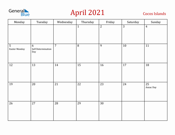 Cocos Islands April 2021 Calendar - Monday Start