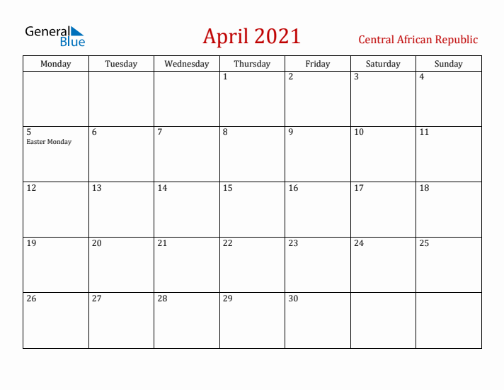 Central African Republic April 2021 Calendar - Monday Start