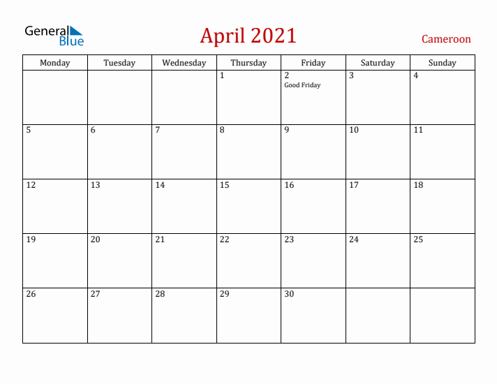 Cameroon April 2021 Calendar - Monday Start