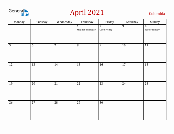 Colombia April 2021 Calendar - Monday Start