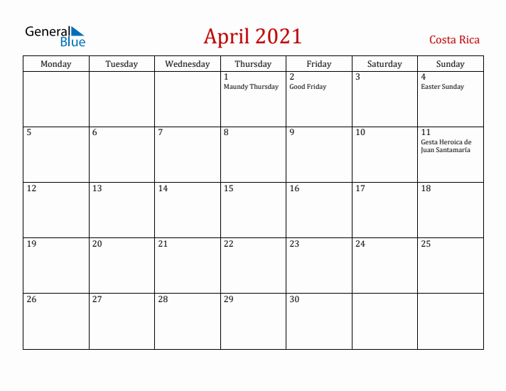 Costa Rica April 2021 Calendar - Monday Start