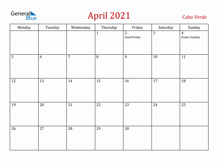 Cabo Verde April 2021 Calendar - Monday Start