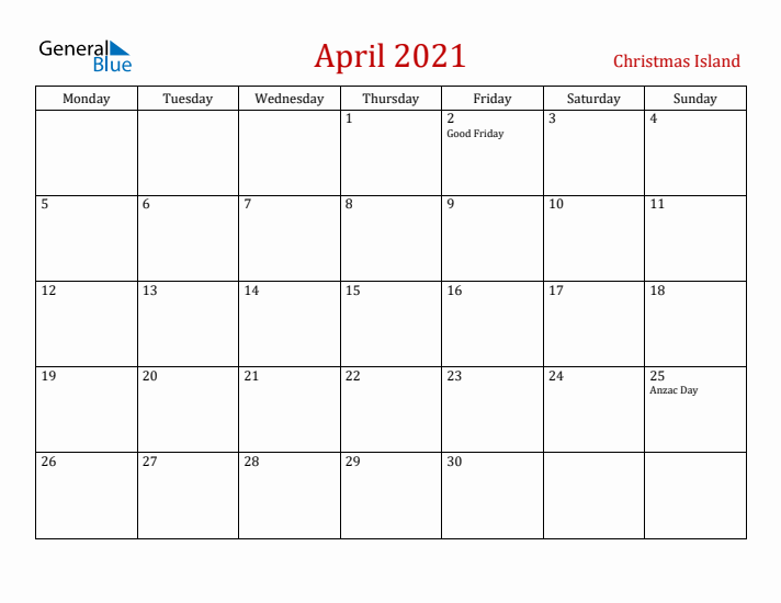 Christmas Island April 2021 Calendar - Monday Start
