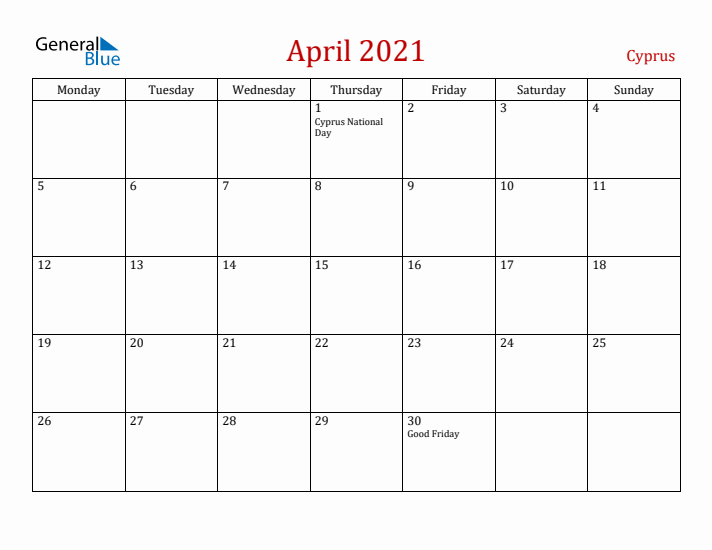 Cyprus April 2021 Calendar - Monday Start