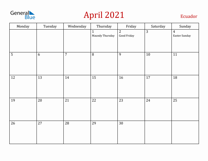 Ecuador April 2021 Calendar - Monday Start