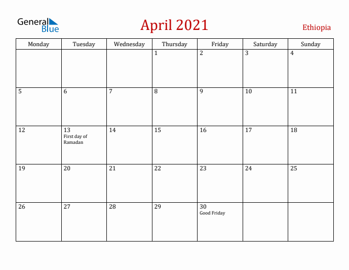 Ethiopia April 2021 Calendar - Monday Start
