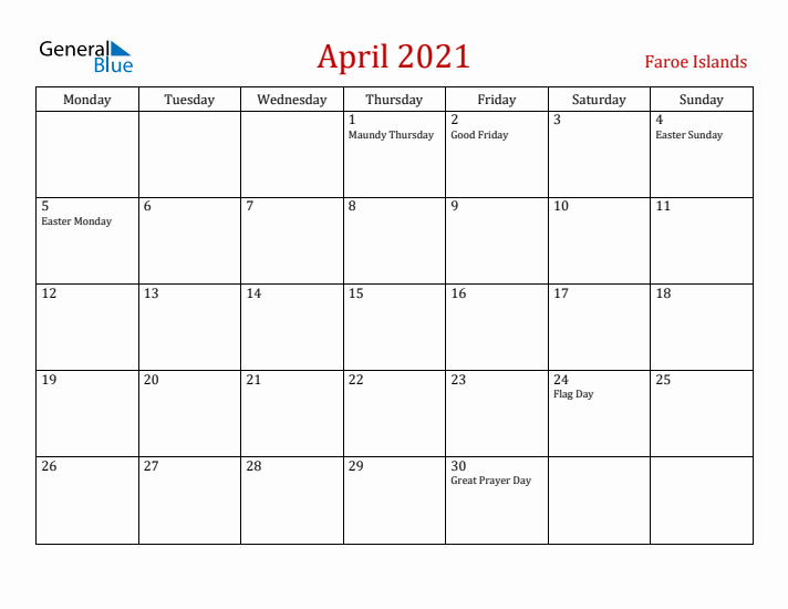 Faroe Islands April 2021 Calendar - Monday Start