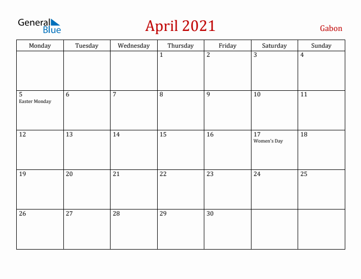 Gabon April 2021 Calendar - Monday Start